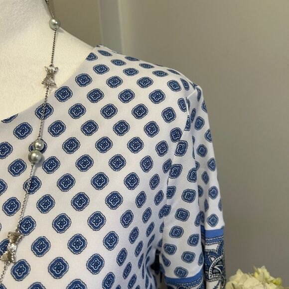 Michael Kors Blue and White Sheath Dress with Cuffed Sleeves - Picture 2 of 5